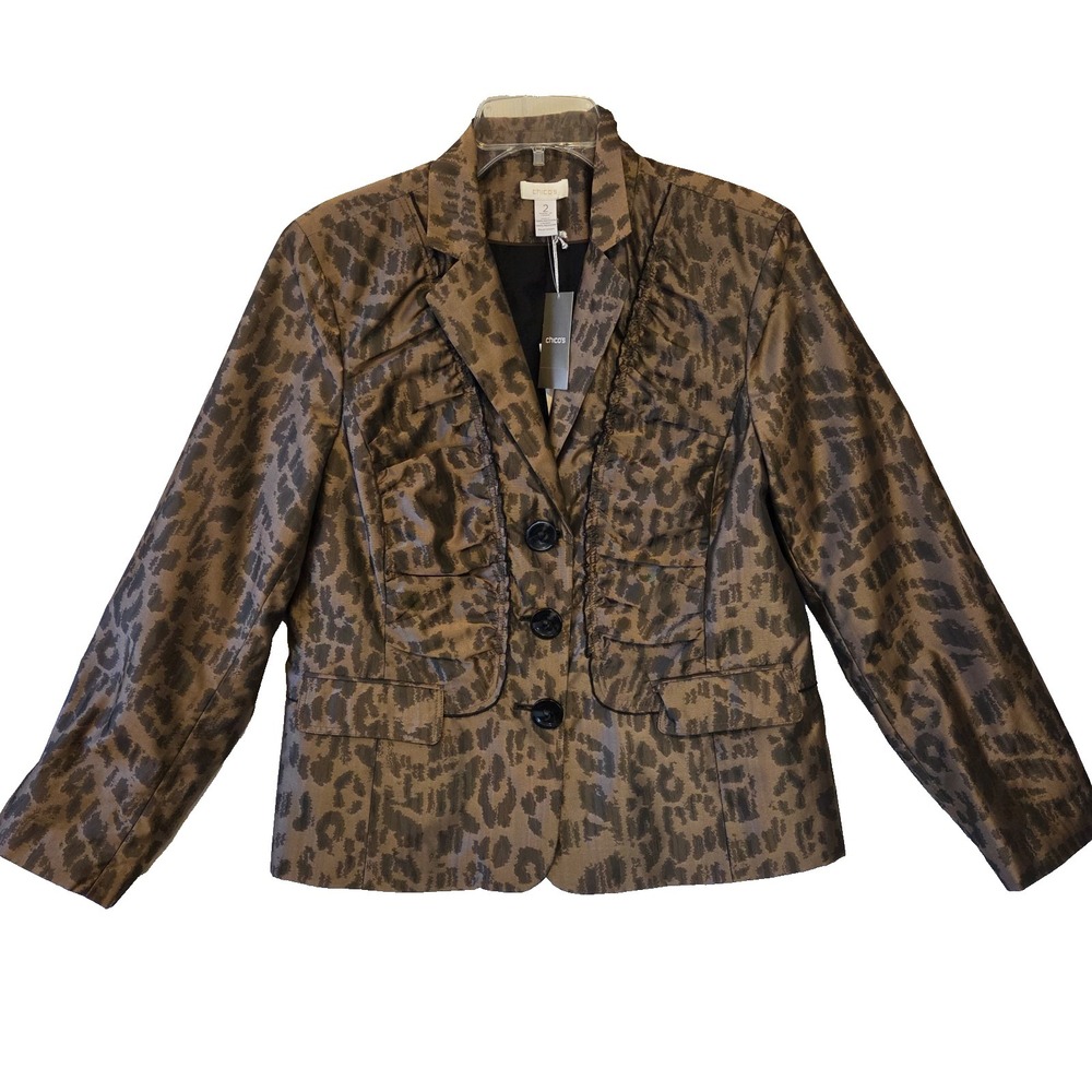 NWT CHICO'S Jacket Size 2 Womens‎ XL Lady Leopard Layla Print Brown Gold Shimmer